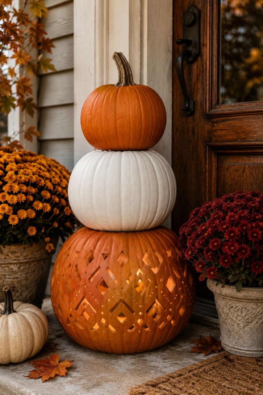 Three stacked pumpkins by a front door: the top is orange, the middle is white, and the bottom is an orange pumpkin with intricate cut-out patterns glowing from inside. Potted mums and a small white pumpkin are nearby.