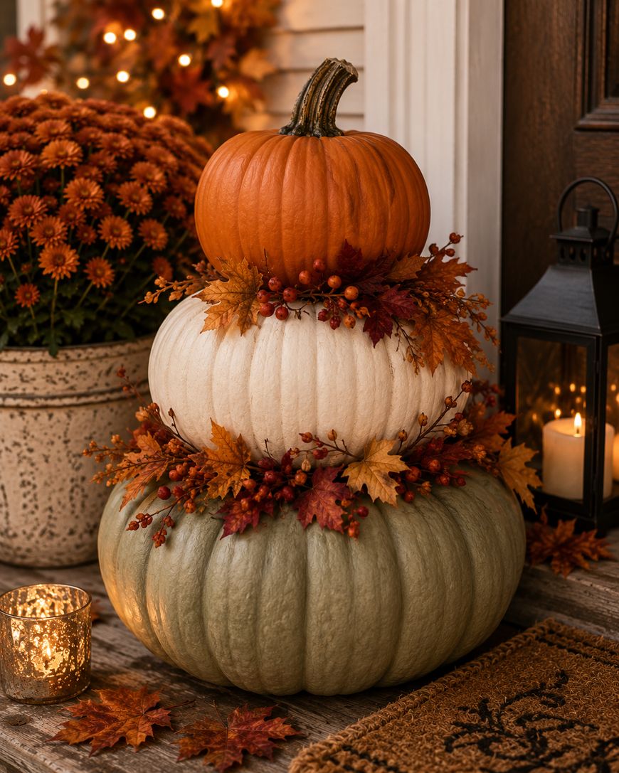 Three stacked pumpkins—orange, white, and green—decorated with autumn leaves and berries, sit on a wooden porch beside a potted mum, a glowing lantern, and a lit candle, creating a cozy fall scene.