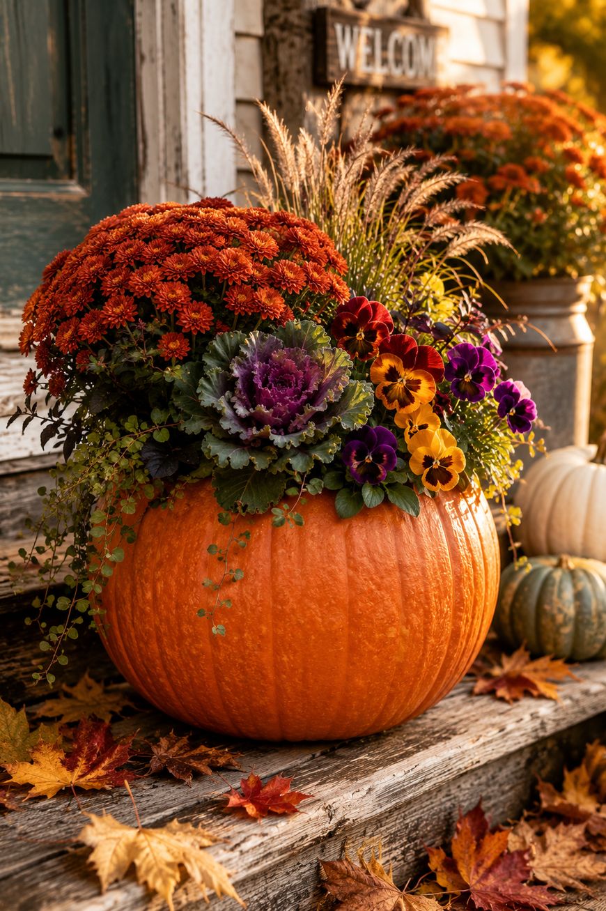 A large pumpkin is used as a planter, filled with orange chrysanthemums, ornamental cabbage, and colorful pansies. It sits on rustic wooden steps surrounded by autumn leaves and pumpkins, near a Welcome sign.