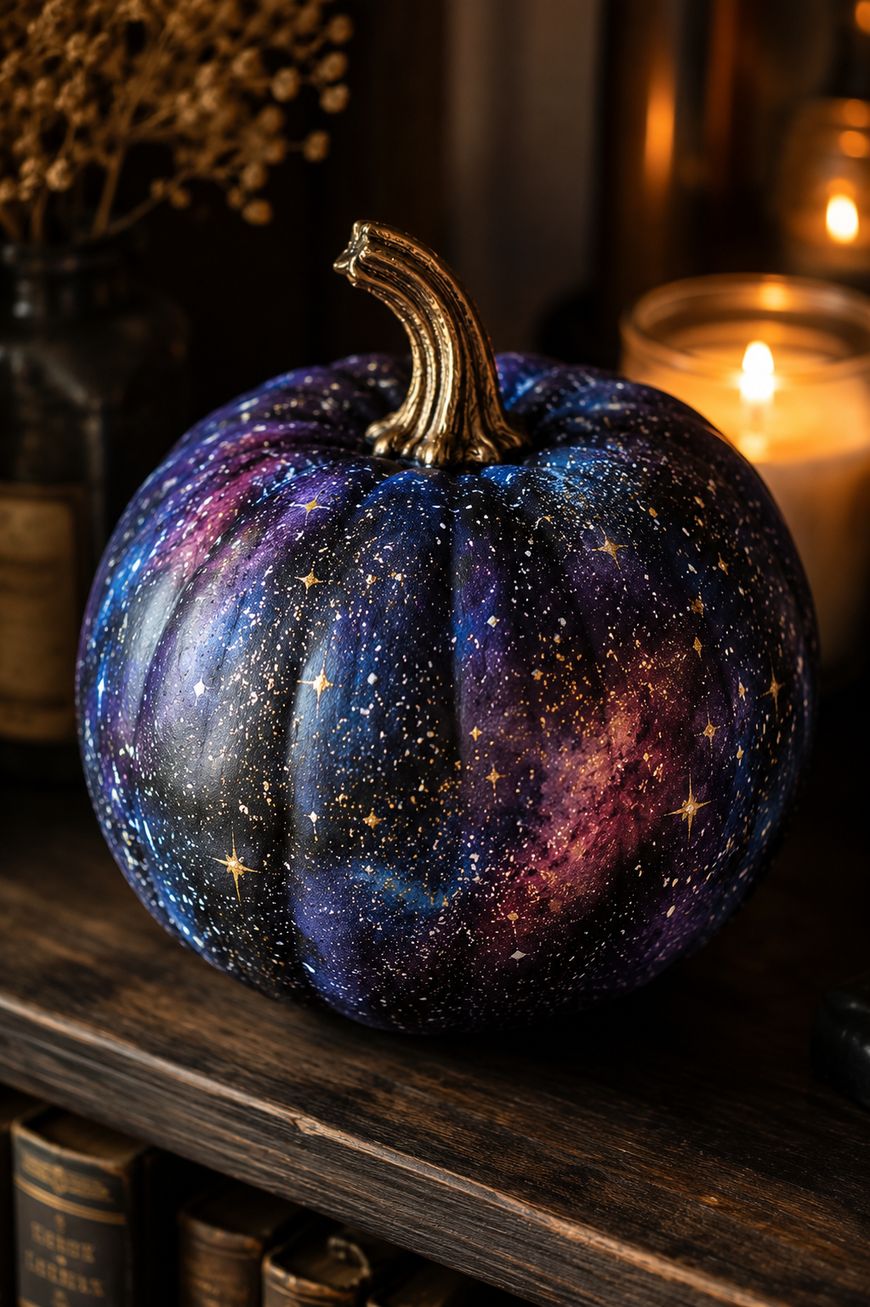 A pumpkin painted to look like a star-filled galaxy with swirling purples, blues, and golds, sits on a wooden shelf near books and a glowing candle.
