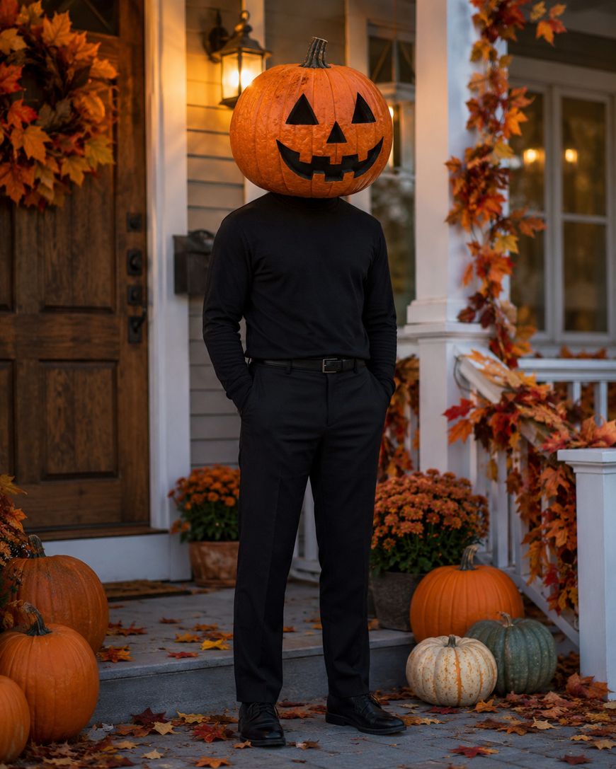 A person in black clothing stands on a porch decorated with pumpkins and autumn leaves, wearing a large carved jack-o’-lantern pumpkin as a head. The house has warm lighting and festive fall decorations.