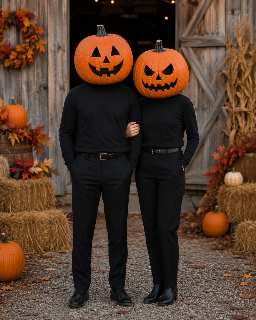 Two people dressed in black, standing arm-in-arm, each wearing a carved jack-o’-lantern pumpkin on their head. They are in front of a rustic wooden barn decorated with hay bales, autumn leaves, and pumpkins.