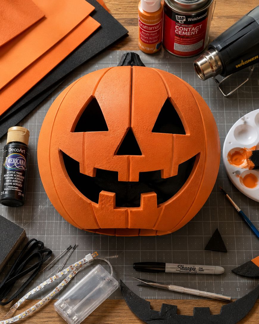A foam jack-o-lantern with a carved face sits on a cutting mat, surrounded by paint, brushes, a marker, scissors, a glue bottle, a glue gun, and pieces of orange and black craft foam.
