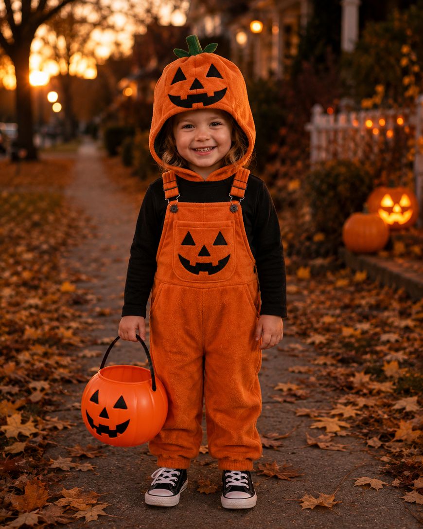 A smiling child in a pumpkin costume holds a pumpkin-shaped bucket while standing on a leaf-covered sidewalk, with jack-o’-lanterns and autumn trees in the background at sunset.