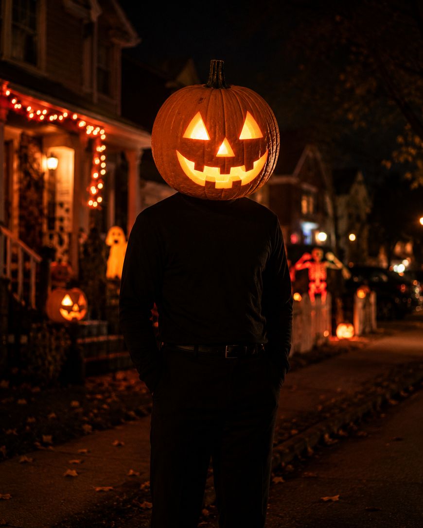 A person in black clothes stands on a dimly lit street at night, wearing a large carved, glowing jack-o’-lantern as a head. Halloween decorations and lights are visible on houses in the background.