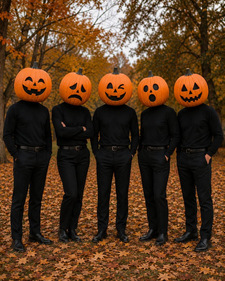 Five people wearing all-black outfits and pumpkin heads with different carved expressions stand outdoors on fallen autumn leaves, surrounded by trees with orange foliage.