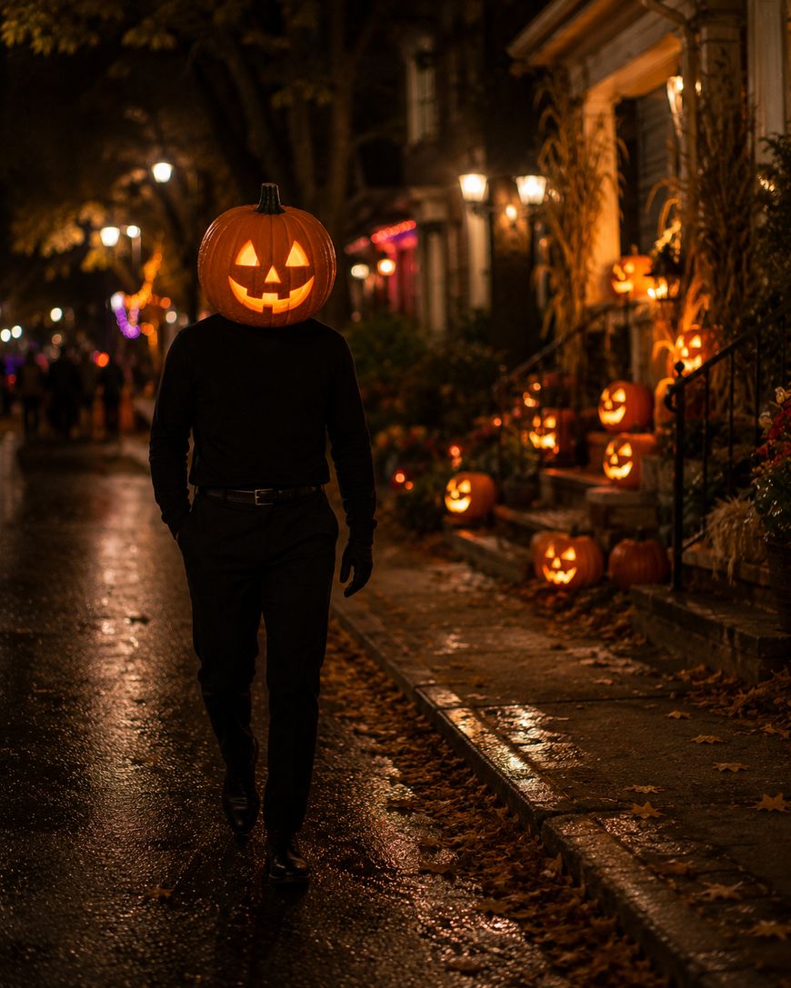 A person wearing all black with a glowing jack-o’-lantern pumpkin as a head walks down a dimly lit, wet street decorated with carved pumpkins and Halloween lights at night.