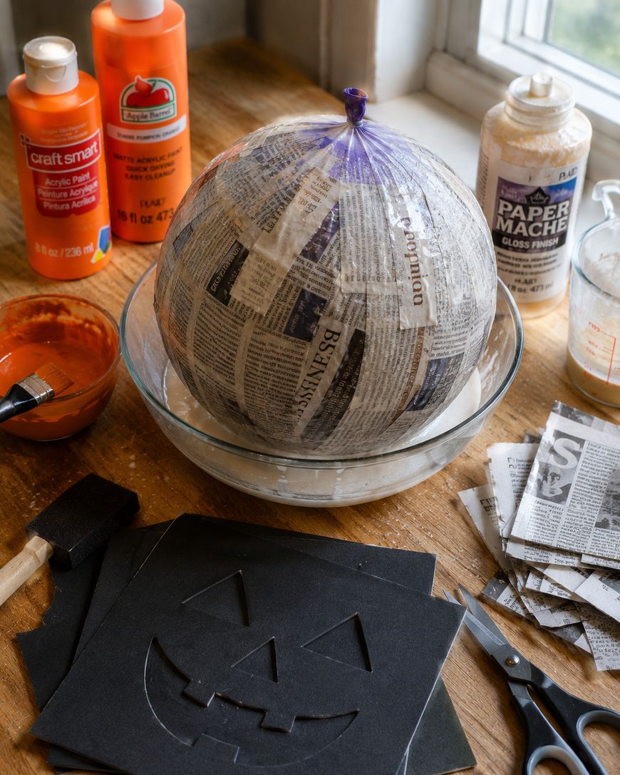 A workspace with a papier-mâché pumpkin in progress sits in a bowl, surrounded by black paper with a jack-o’-lantern face cutout, newspaper strips, paint, brushes, glue, and scissors on a wooden table.