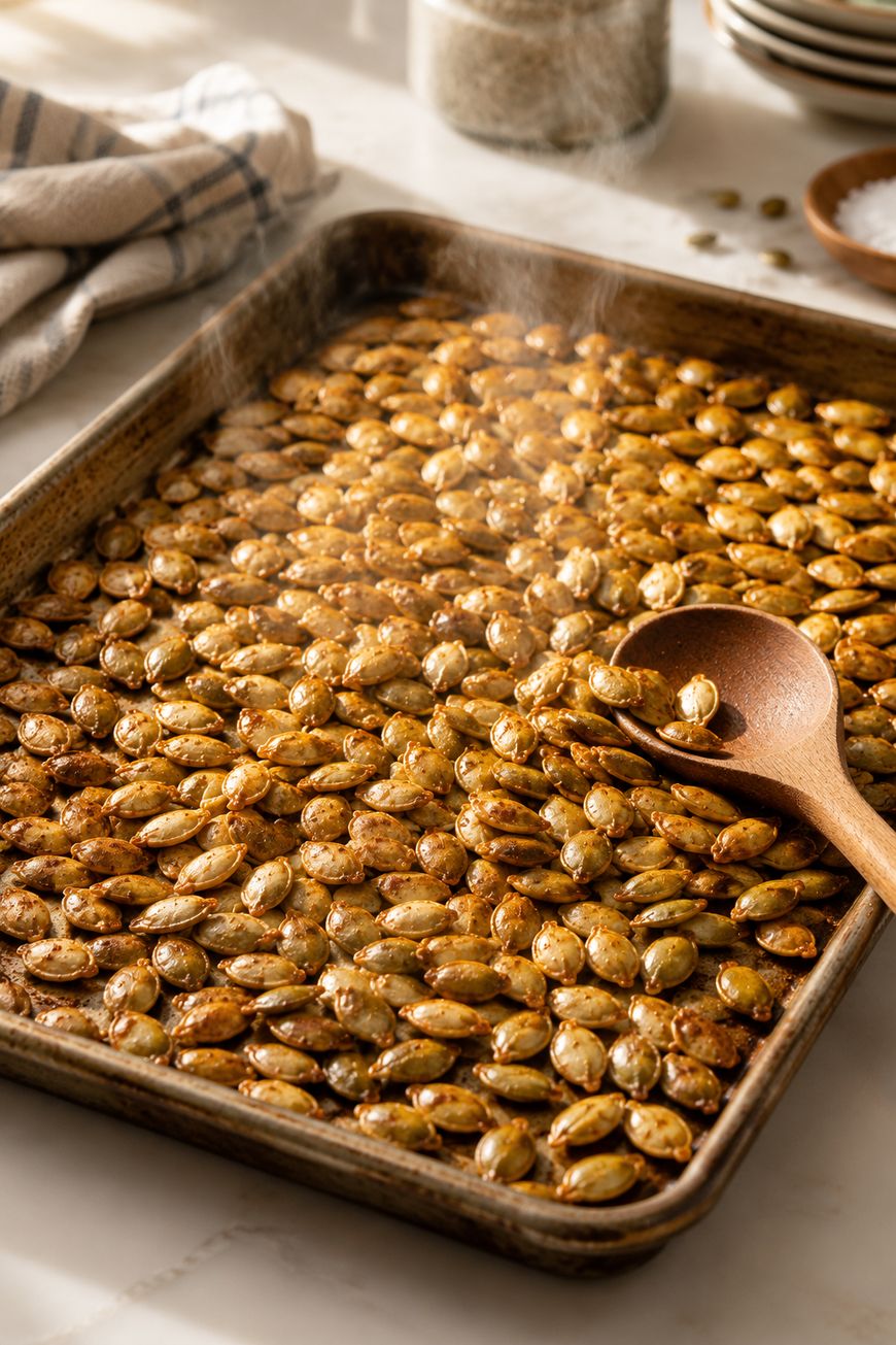 A baking sheet filled with roasted pumpkin seeds, seasoned and golden brown, sits on a counter. A wooden spoon rests on the seeds, and a kitchen towel and containers are in the background. Steam rises from the seeds.
