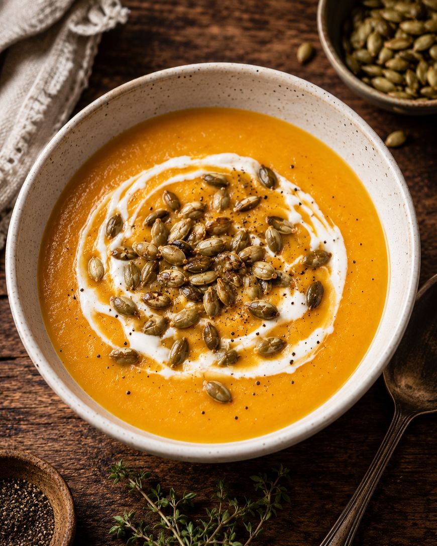 A bowl of creamy orange soup, swirled with white cream and topped with roasted pumpkin seeds, sits on a wooden table beside a spoon, herbs, and a small bowl of seeds.