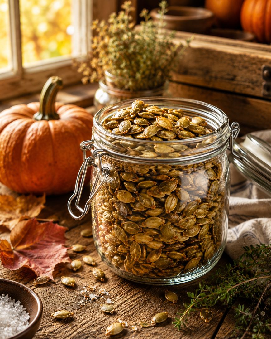 A glass jar filled with roasted pumpkin seeds sits on a rustic wooden table, surrounded by a small pumpkin, autumn leaves, herbs, a bowl of coarse salt, and a window with soft sunlight in the background.
