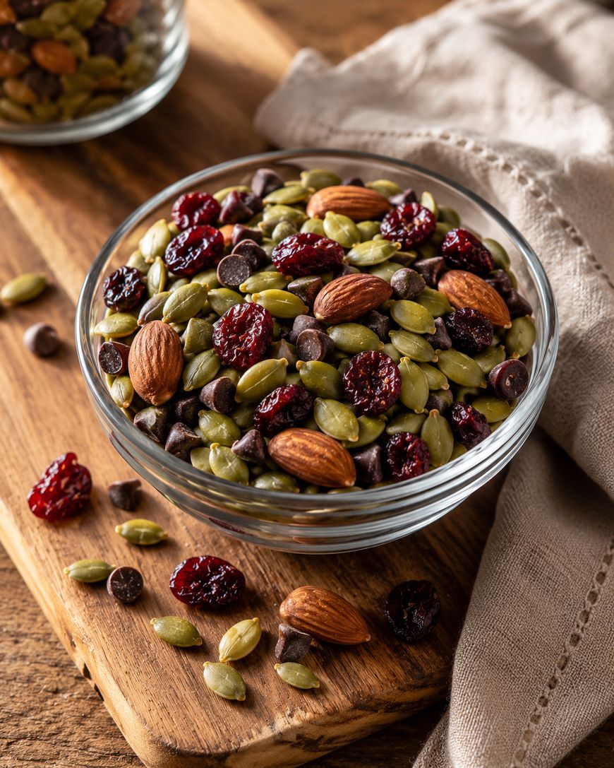 A glass bowl filled with a trail mix of almonds, pumpkin seeds, dried cranberries, and chocolate chips sits on a wooden board next to a beige cloth napkin. Some mix is scattered on the board.
