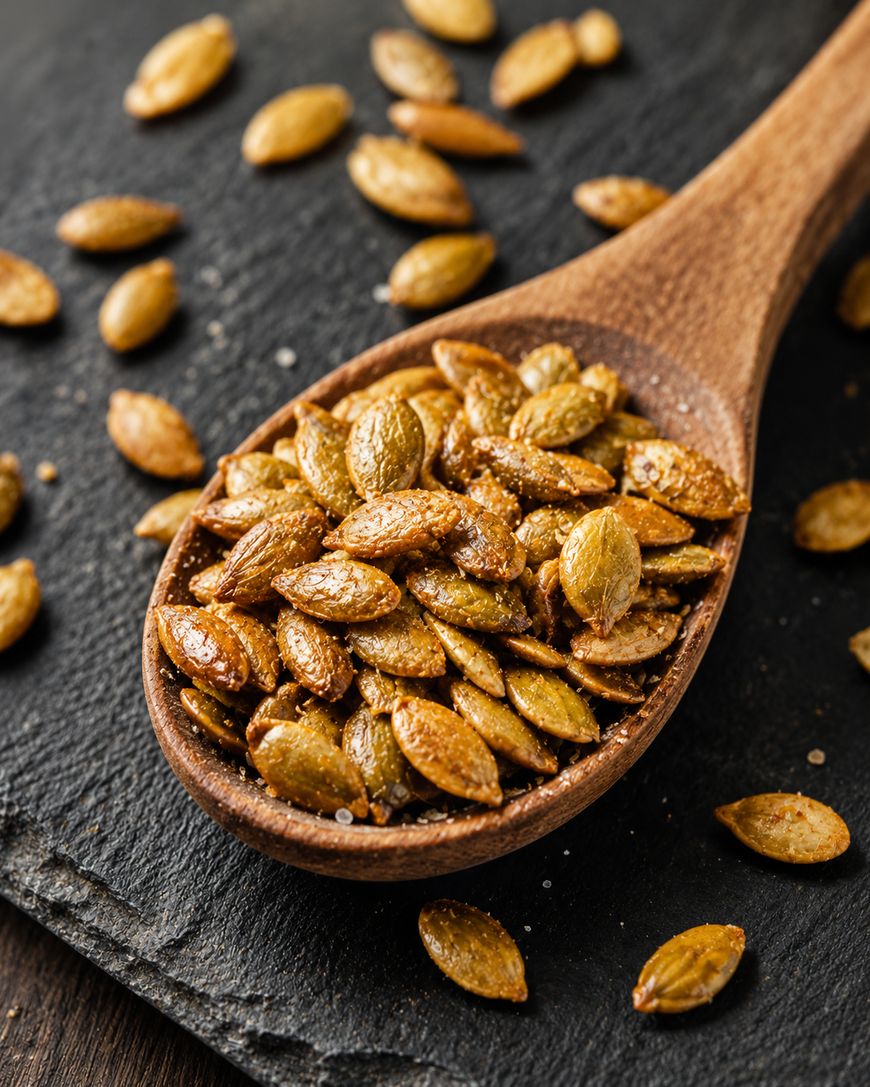 A wooden spoon filled with roasted pumpkin seeds sits on a dark slate surface, with additional seeds scattered around.