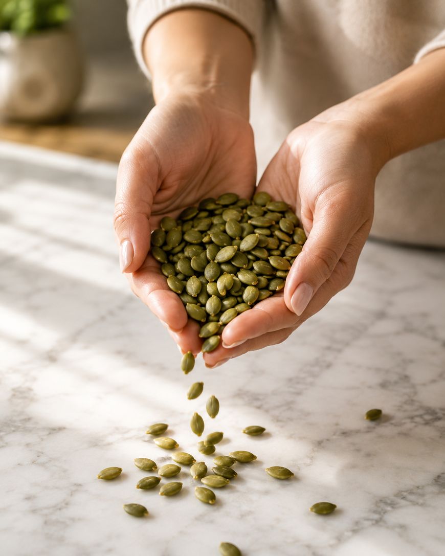 A person holds a handful of green pumpkin seeds over a marble countertop, letting some seeds fall from their hands onto the surface below.