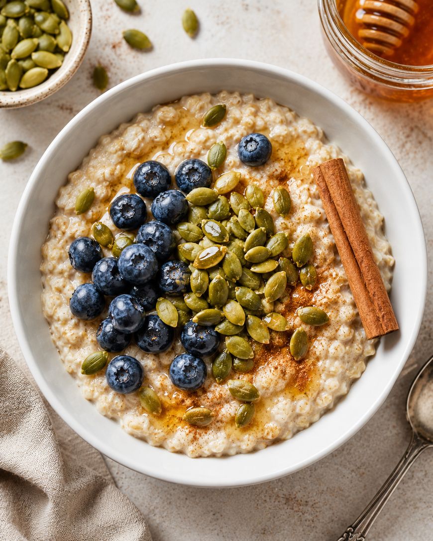 A bowl of oatmeal topped with fresh blueberries, pumpkin seeds, a cinnamon stick, and drizzled with honey, with a jar of honey and scattered seeds nearby.