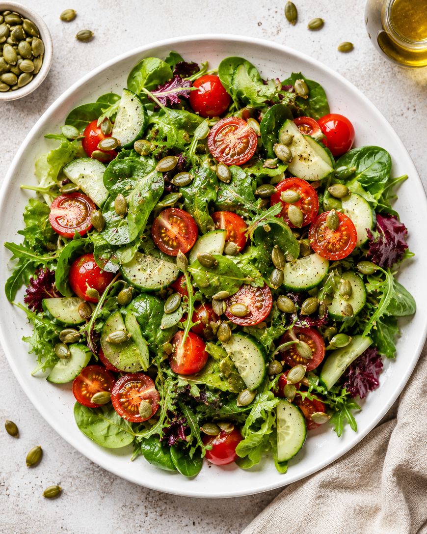 A plate of fresh salad with mixed greens, cherry tomatoes, cucumber slices, and pumpkin seeds, drizzled with dressing. A small bowl of pumpkin seeds and a jar of oil are nearby on a light surface.
