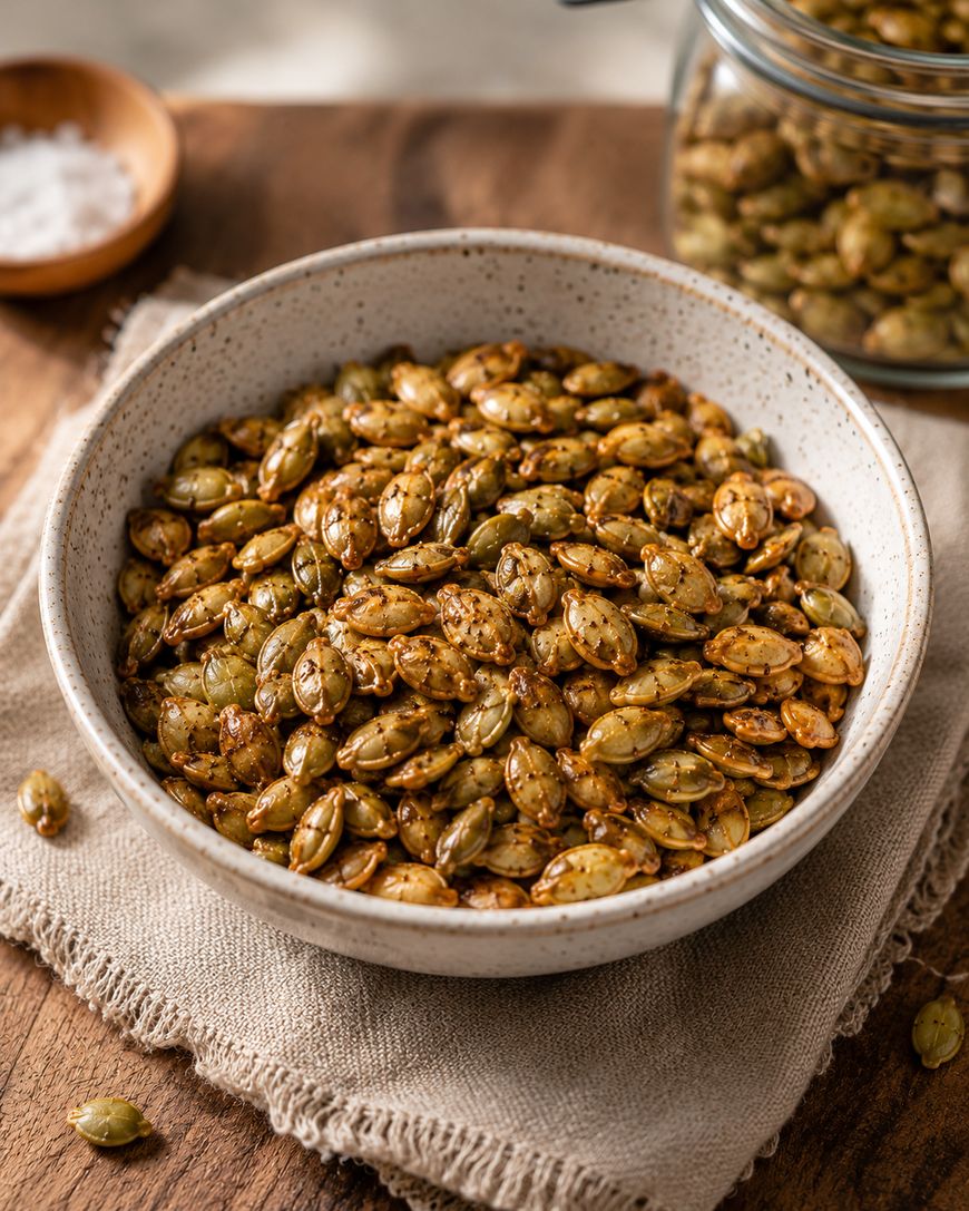 A bowl filled with seasoned roasted pumpkin seeds sits on a beige napkin on a wooden table, with a small bowl of salt and a glass jar of pumpkin seeds in the background.