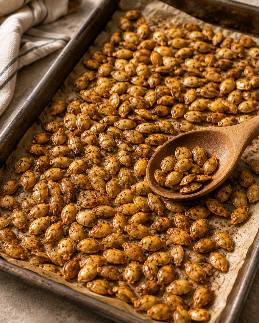 A baking sheet lined with parchment paper holds roasted, seasoned pumpkin seeds, with a wooden spoon scooping up some seeds. A beige and white kitchen towel is partially visible in the background.