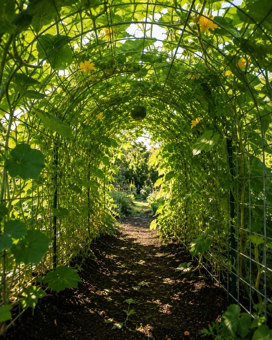 A lush green garden tunnel made of metal arches covered with leafy plants and yellow flowers, sunlight streaming through the foliage, and a dirt path running beneath the archway.