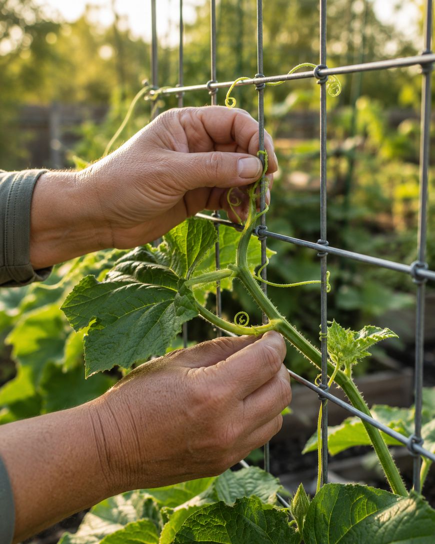 Hands gently guide a cucumber vine to wrap around a metal trellis in a garden, with green leaves and tendrils visible in the warm sunlight.