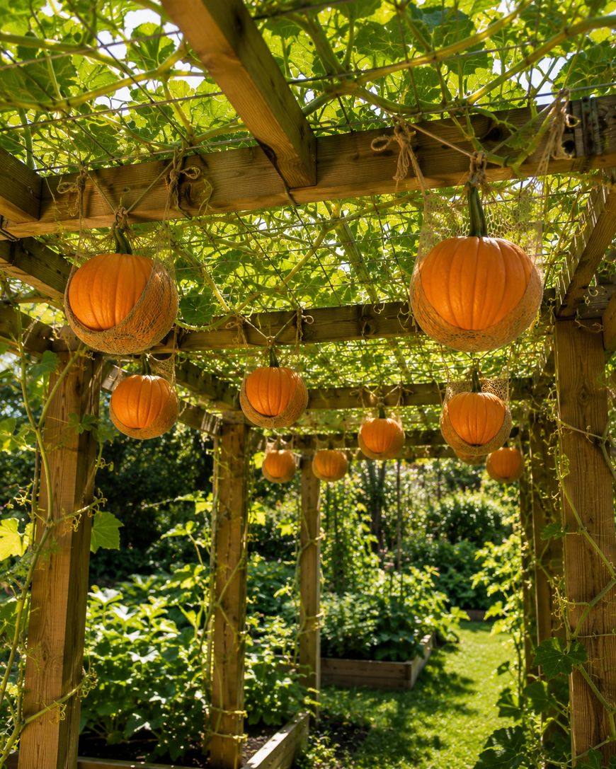 Several orange pumpkins hang in net bags from a wooden pergola covered with green vines and leaves in a lush garden, with sunlight filtering through the foliage and garden beds visible in the background.