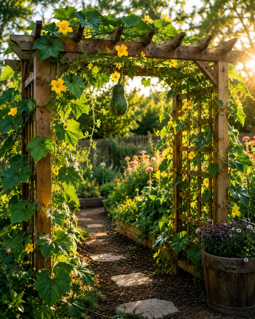 A wooden garden arbor covered with green vines, yellow flowers, and a hanging gourd stands over a stone path, surrounded by lush garden beds, with sunlight filtering through the trees.