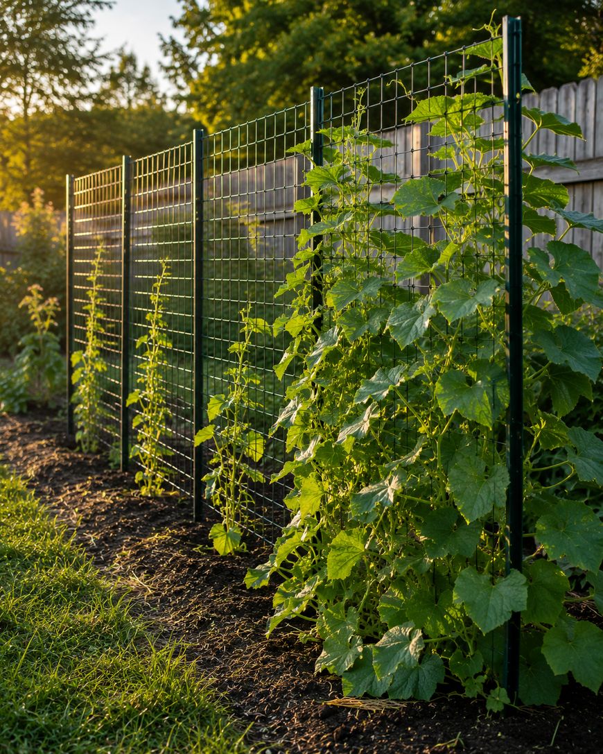 Green climbing plants grow along a metal trellis in a sunlit garden, with a wooden fence and trees in the background. The soil is dark, and the sunlight creates a warm, serene atmosphere.