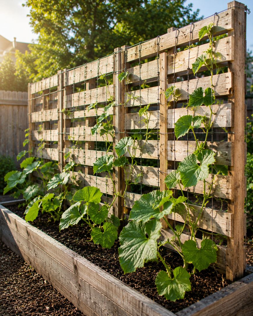 A wooden raised garden bed with a trellis made from wooden pallets, supporting climbing green plants in a sunny backyard garden.