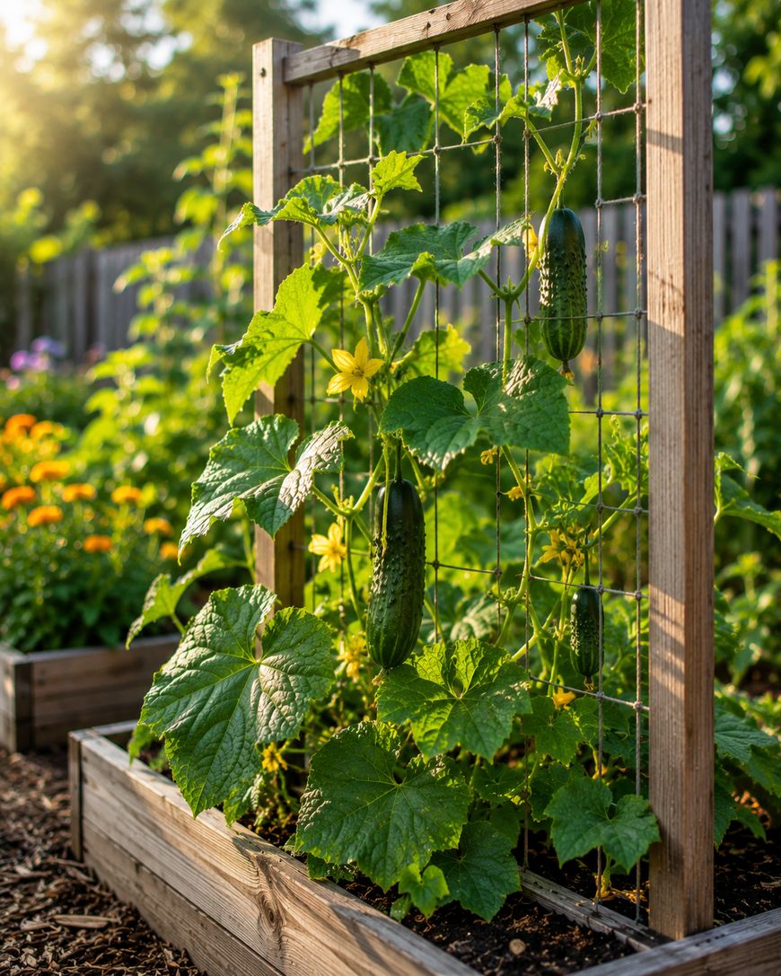 A wooden garden trellis supports cucumber vines with several cucumbers growing on them in a sunlit raised garden bed, surrounded by other green plants and flowers.