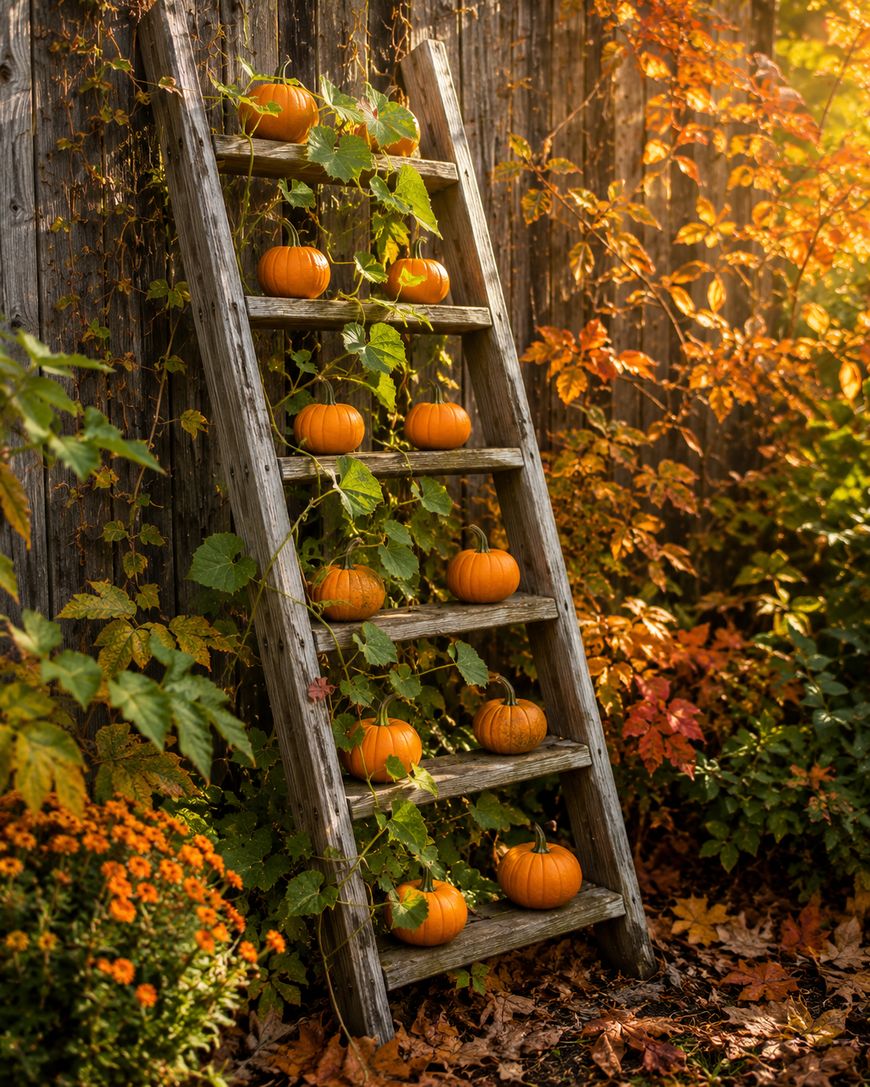 An old wooden ladder leans against a weathered fence, decorated with small pumpkins and green vines on each step. Autumn leaves and orange flowers surround the scene, bathed in warm, golden sunlight.