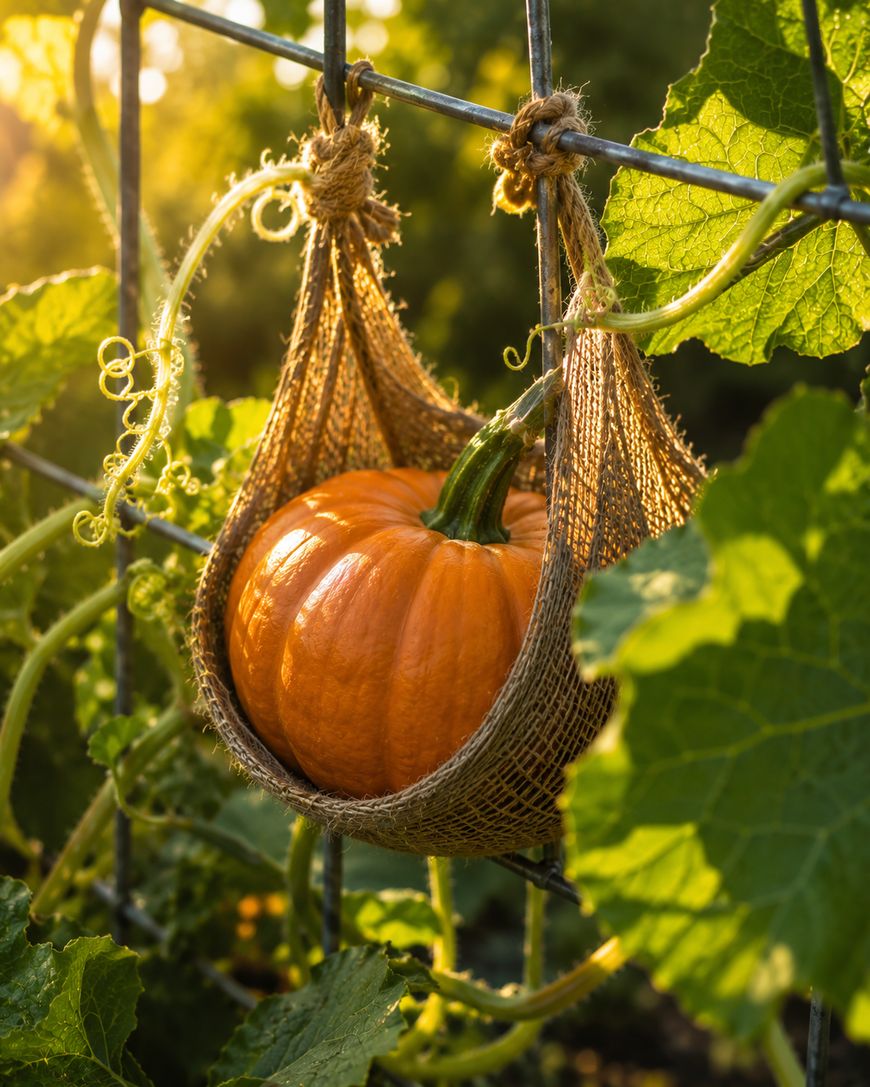 A bright orange pumpkin cradled in a burlap sling, supported by a metal trellis among green leaves and vines in a sunlit garden.
