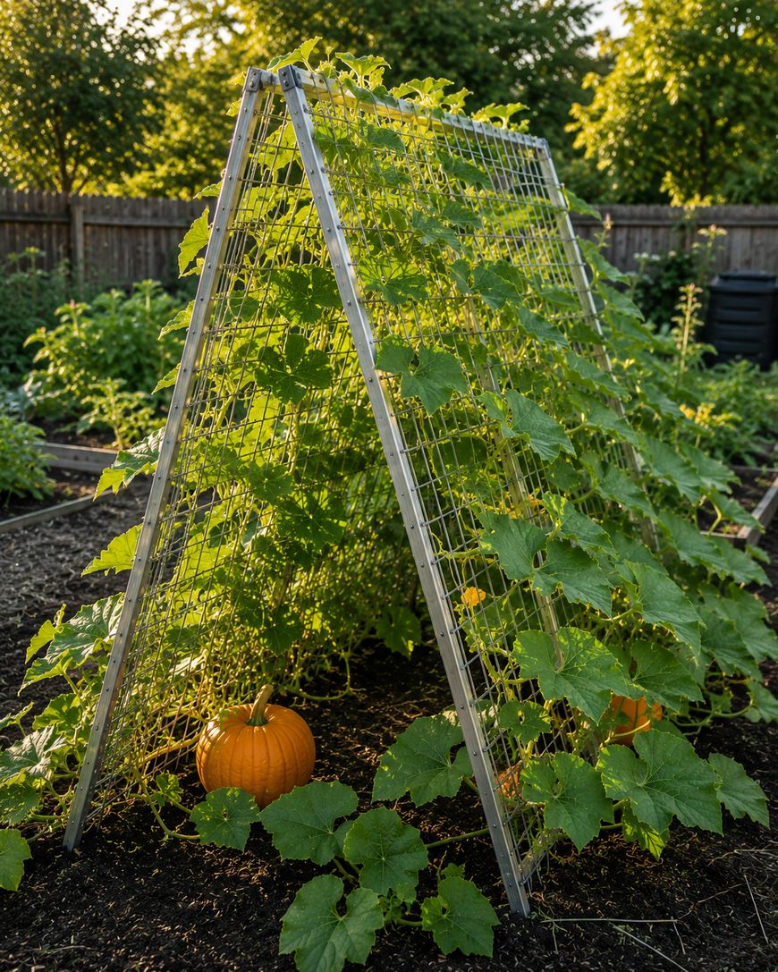 A metal A-frame garden trellis supports climbing green vines, with large leaves and a pumpkin growing at the base, in a sunlit vegetable garden surrounded by trees and a wooden fence.
