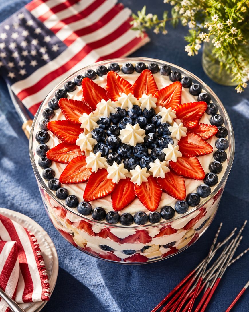 A layered trifle dessert decorated with strawberry slices, blueberries, and piped cream stars in a patriotic pattern. An American flag and sparklers are nearby, set on a blue tablecloth with festive tableware and flowers.