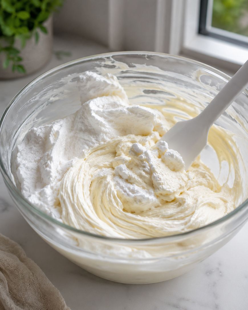 A glass bowl filled with creamy, whipped mixture being stirred with a white spatula, sitting on a marble countertop near a window with soft natural light.