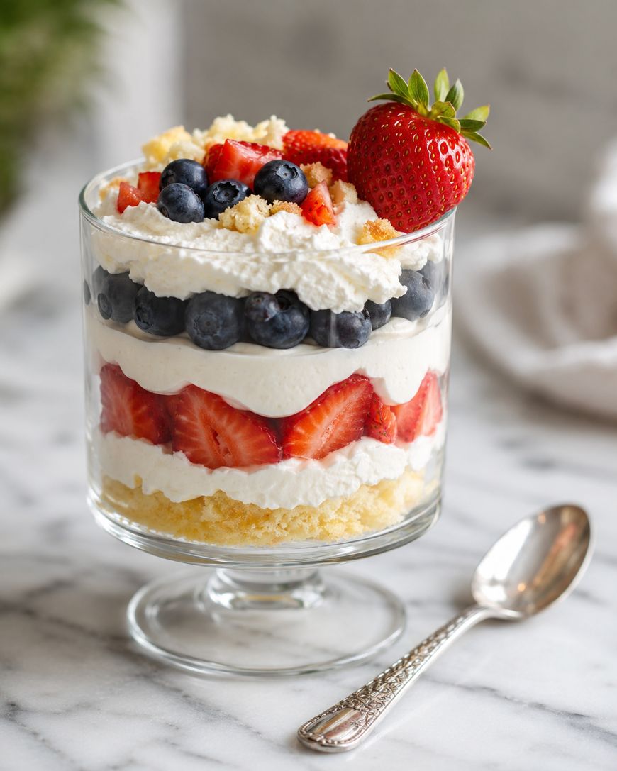 A layered dessert in a glass featuring whipped cream, blueberries, sliced strawberries, and crumbled cake, topped with more berries and a whole strawberry, placed on a marble surface next to a silver spoon.