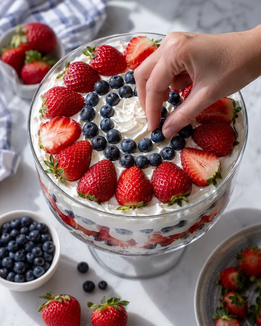A hand places a blueberry on a layered trifle dessert topped with whipped cream, whole strawberries, and blueberries, with bowls of fresh berries nearby on a light surface.