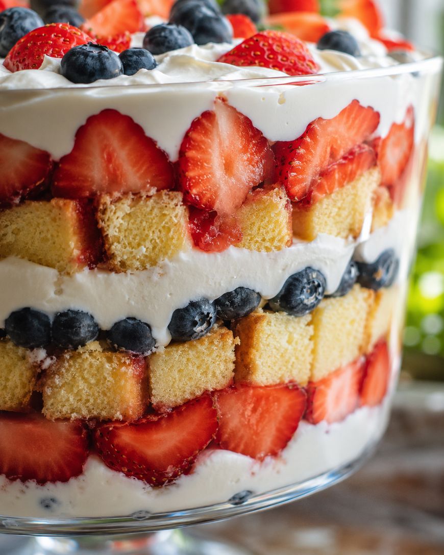 A layered trifle dessert in a glass bowl, featuring cubes of yellow cake, whipped cream, sliced strawberries, and whole blueberries arranged in distinct, colorful layers.