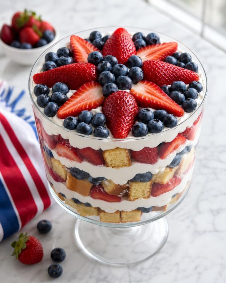 A glass trifle dish filled with layers of cubed cake, whipped cream, strawberries, and blueberries, topped with a decorative arrangement of strawberry slices and blueberries. A bowl of berries and a striped towel are beside it.