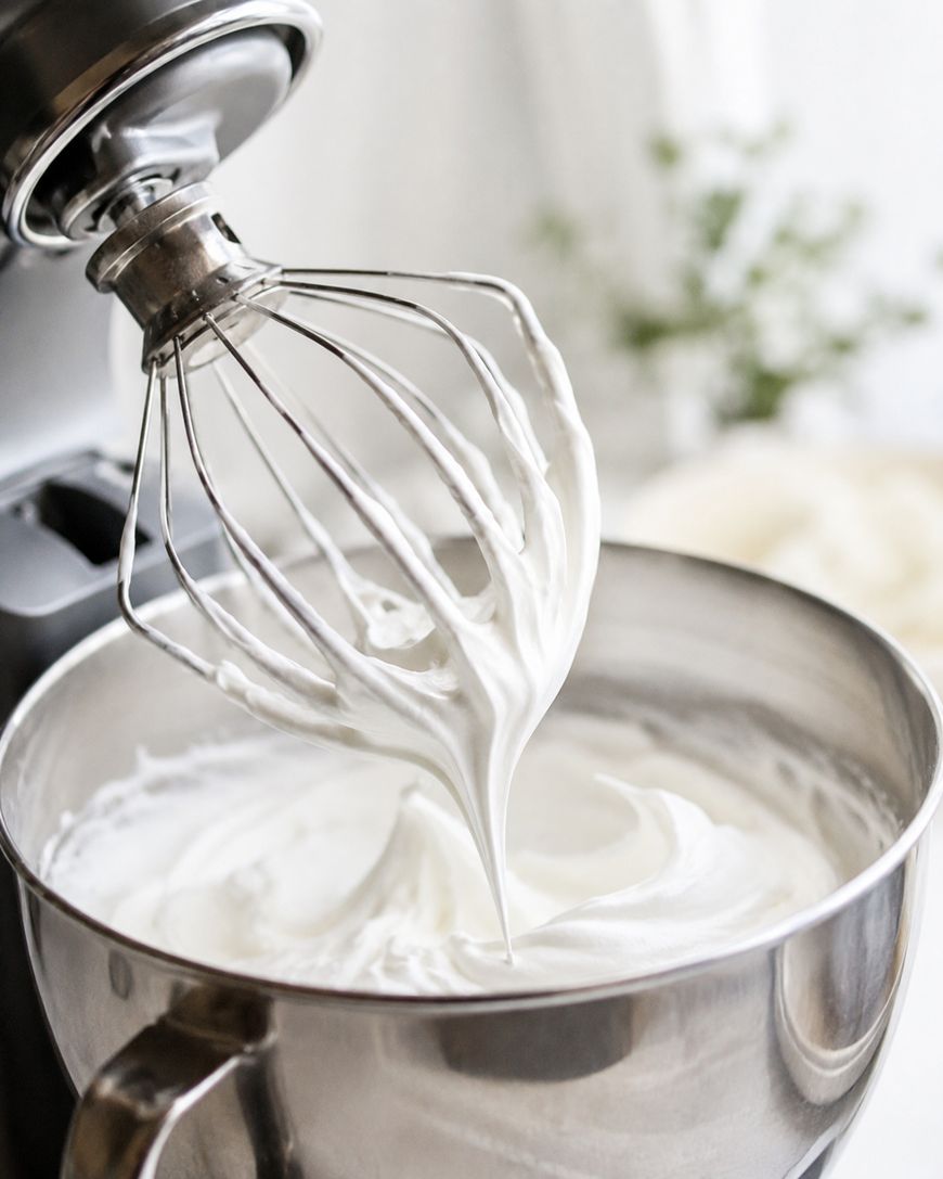 A metal stand mixer whisk attachment coated with freshly whipped cream hovers above a bowl filled with more whipped cream, creating soft peaks. The background is softly blurred.