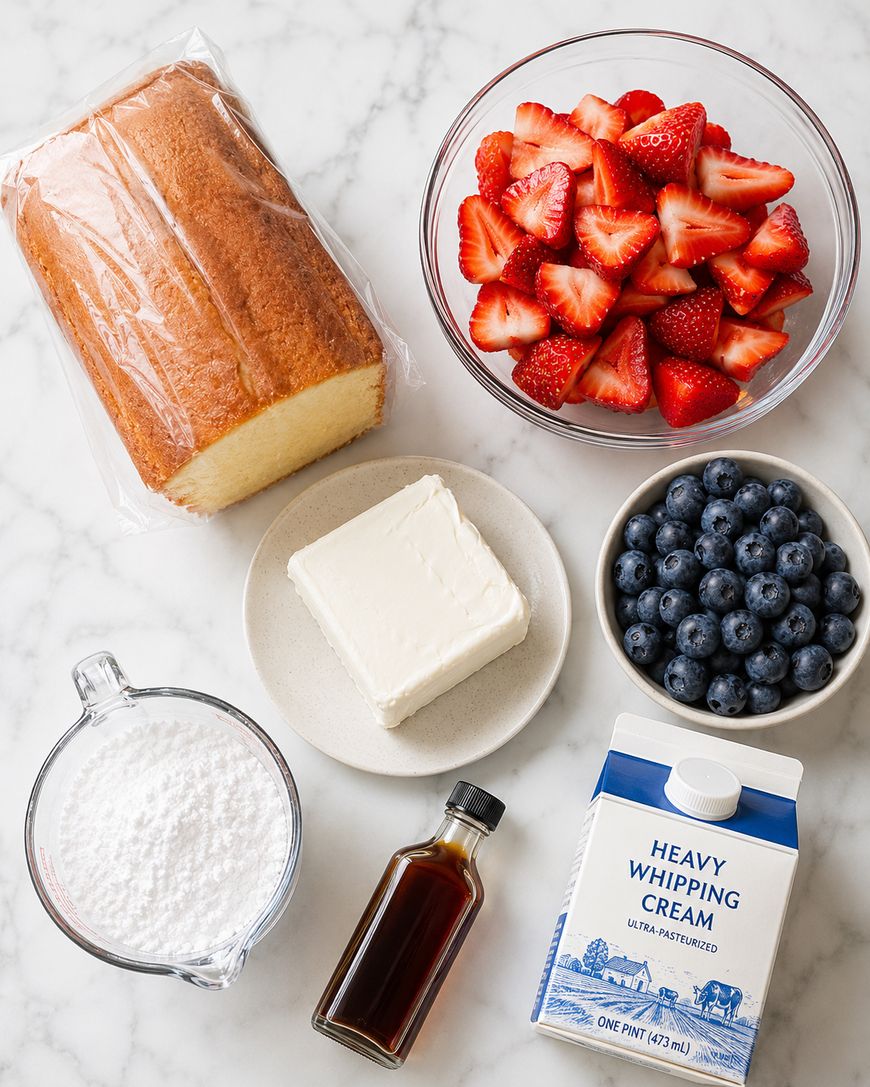 A loaf of pound cake, a bowl of sliced strawberries, a bowl of blueberries, a block of cream cheese on a plate, a cup of powdered sugar, a bottle of vanilla extract, and a carton of heavy whipping cream on a marble surface.