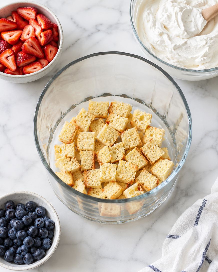 A glass bowl filled with cubed sponge cake sits on a marble surface, surrounded by bowls of sliced strawberries, blueberries, and whipped cream.