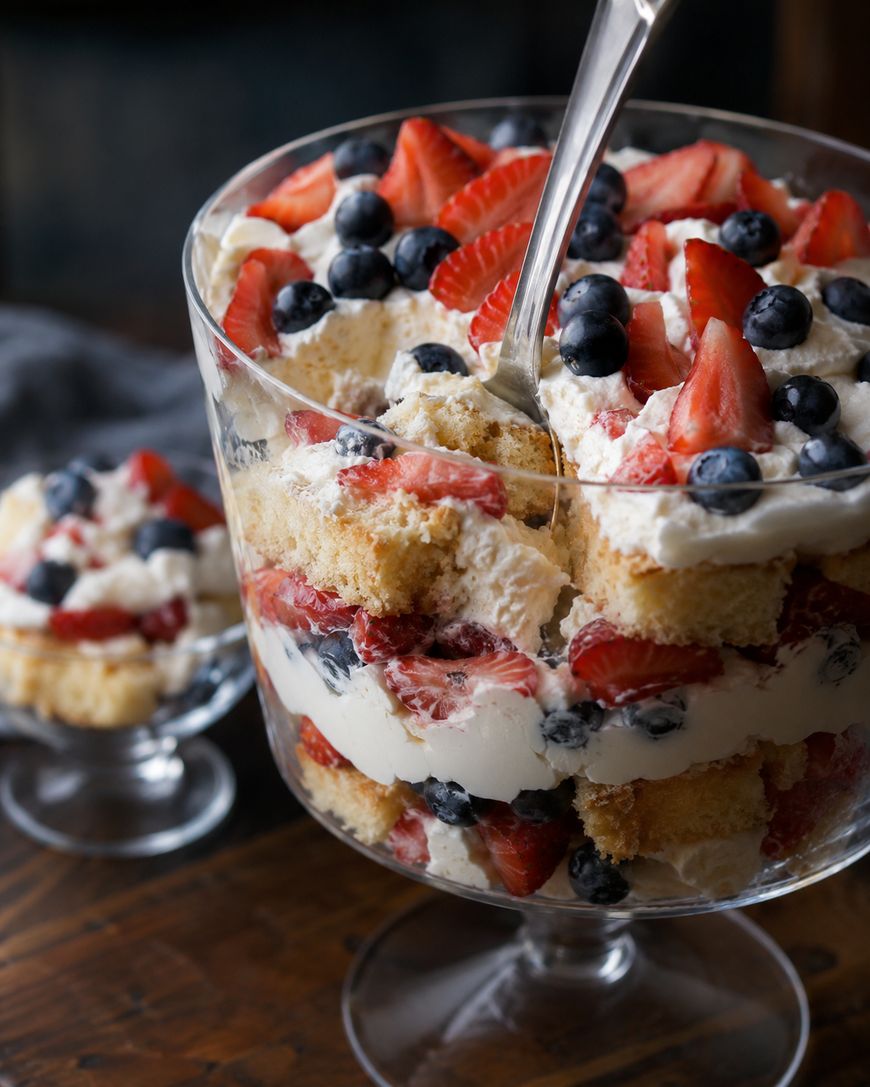 A glass trifle dish filled with layers of whipped cream, sponge cake, sliced strawberries, and blueberries, with a serving spoon inside. A smaller dish with a portion of the trifle sits beside it on a wooden surface.