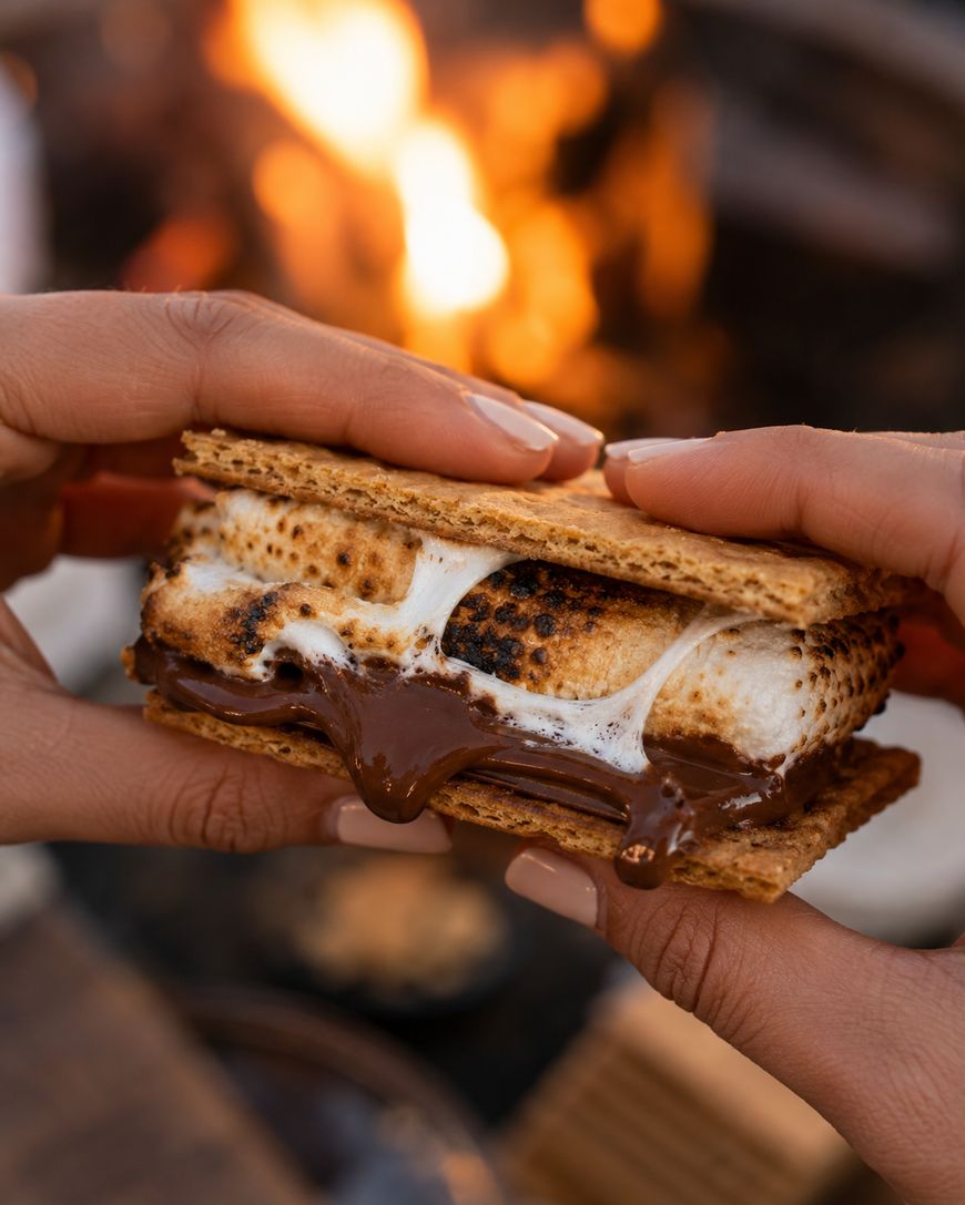 Close-up of hands holding a smore with toasted marshmallows and melted chocolate between two graham crackers, with a campfire glowing in the blurred background.