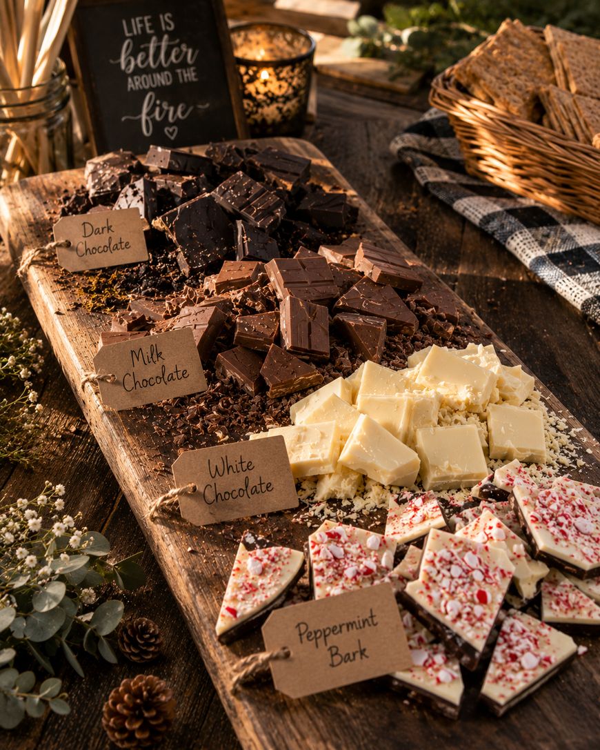A rustic wooden board displays assorted chocolate varieties—dark, milk, white chocolate, and peppermint bark—each labeled with small tags. The background features candles and a sign that reads, “Life is better around the fire.”.