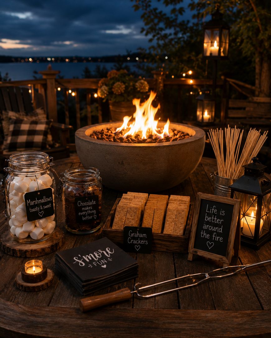 A cozy outdoor fire pit is surrounded by jars of marshmallows, chocolate, and graham crackers for making s’mores. Small chalkboard signs and string lights create a warm, inviting evening atmosphere by the water.
