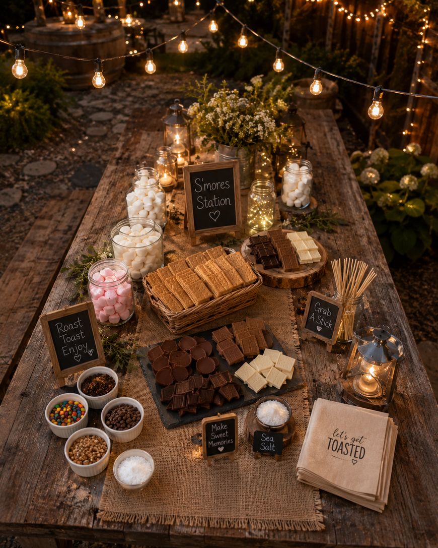 A rustic outdoor s’mores station is set on a wooden table with graham crackers, assorted chocolate, marshmallows, toppings, skewers, napkins, and lit string lights above. Small signs label each item for guests.
