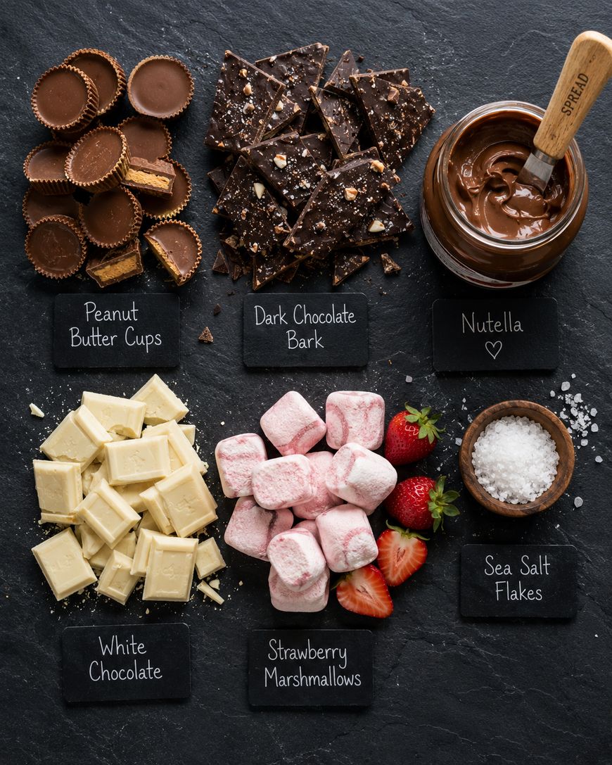 A flat lay of assorted sweet treats on a dark slate surface, including peanut butter cups, dark chocolate bark, Nutella, white chocolate, strawberry marshmallows, strawberries, and sea salt flakes, each labeled with chalkboard signs.