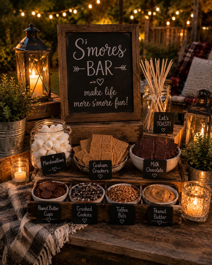 A cozy outdoor s’mores bar setup with jars of marshmallows, graham crackers, chocolate, peanut butter, and toppings, surrounded by lanterns, candles, plants, and string lights. A chalkboard sign reads, “S’mores Bar - make life more s’more fun!”.
