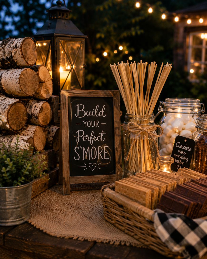 A cozy outdoor s’mores station with stacked birch logs, a lantern, jars of marshmallows and skewers, chocolate bars, and graham crackers. A chalkboard sign reads “Build your perfect s’more.” String lights glow in the background.
