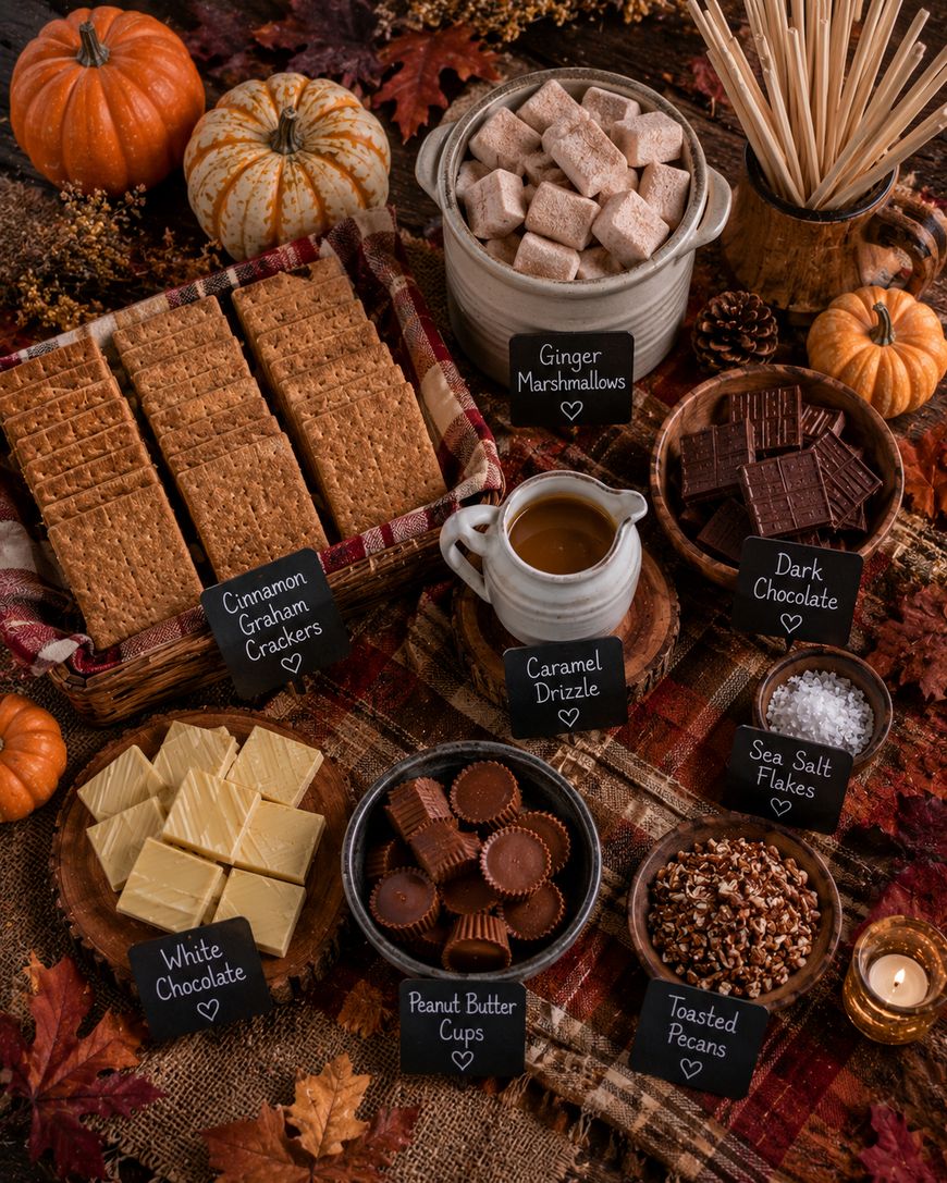 A cozy autumn-themed s’mores bar with bowls of ginger marshmallows, caramel drizzle, dark and white chocolate, graham crackers, peanut butter cups, sea salt flakes, and toasted pecans, surrounded by pumpkins and leaves.